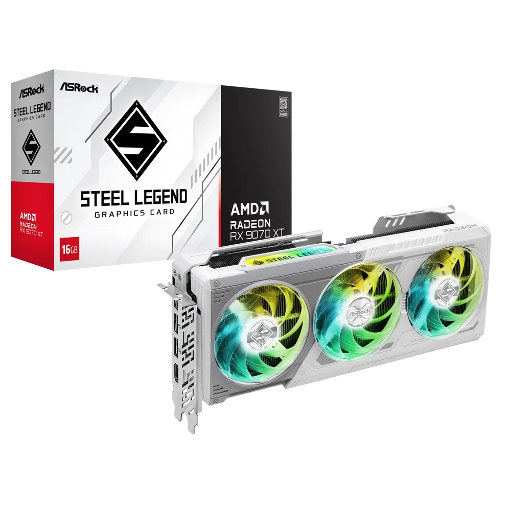 ASRock AMD Radeon RX 9070 XT Steel Legend 16GB GDDR6 Graphics Card, 4096 Streams, 2970MHz Boost Clock, Triple Fan, 3x DisplayPorts / 1x HDMI Port