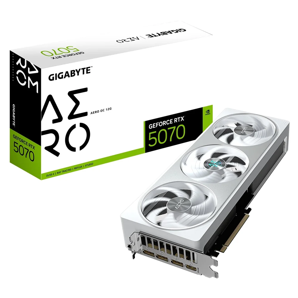 Gigabyte NVIDIA GeForce RTX 5070 AERO OC 12GB GDDR7 Graphics Card, 6144 CUDA Cores, 2625 MHz Core Clock, Triple Fan, White, RGB, 3x DisplayPorts / 1x HDMI Port