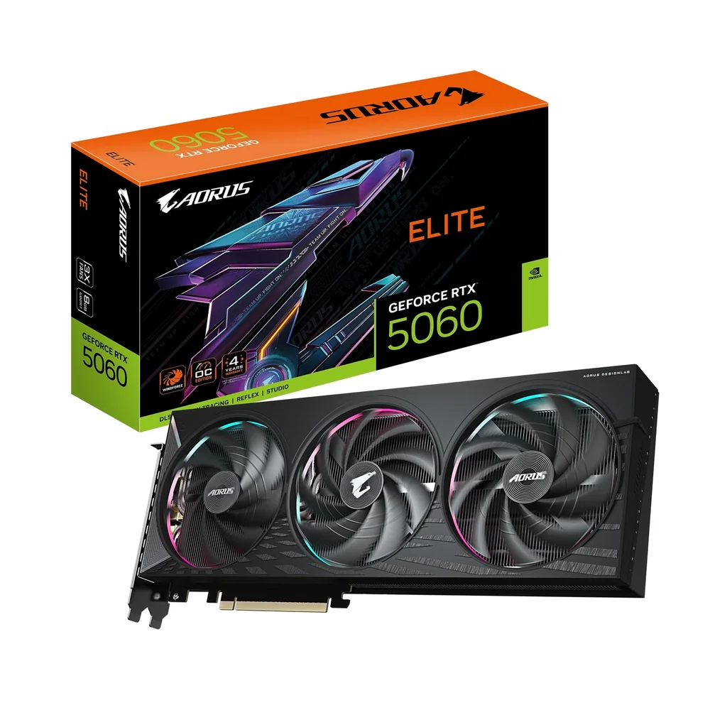 Gigabyte AORUS NVIDIA GeForce RTX 5060 ELITE GDDR7 Graphics Card, 3840 CUDA Cores, 2722 MHz Core Clock, Triple Fan, 3x DisplayPorts / 1x HDMI Port