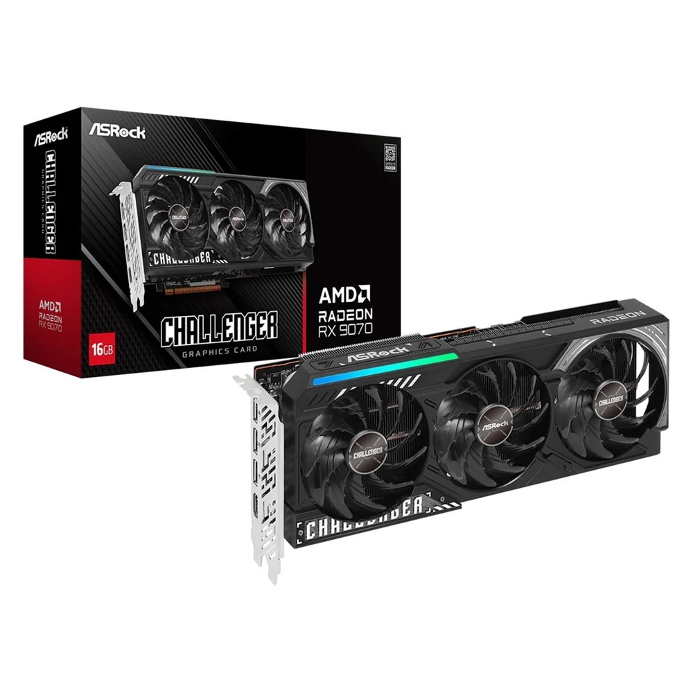 ASRock AMD Radeon RX 9070 Challenger OC 16GB GDDR6 Graphics Card, 3584 Streams, 2520 MHz Boost Clock, Triple Fan, RGB, 3x DisplayPorts / 1x HDMI Port