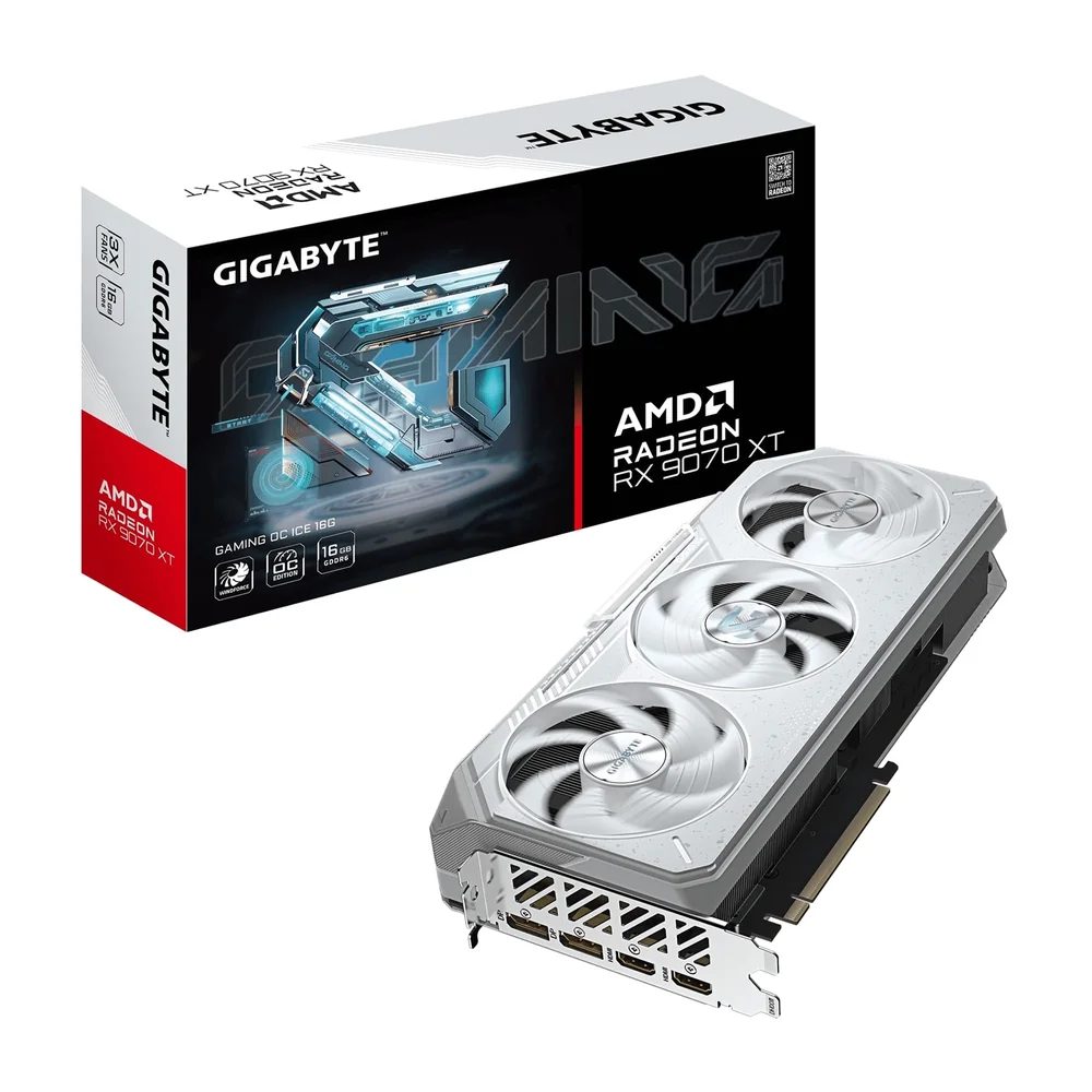 Gigabyte AMD Radeon RX 9070 XT GAMING OC ICE 16GB GDDR6 Graphics Card, 4096 Streams, 2520 MHz Core Clock, Triple Fan, RGB, 2x DisplayPorts / 2x HDMI Ports