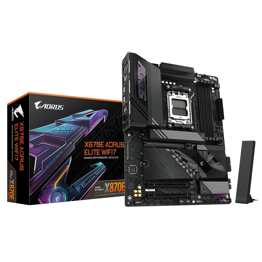 Gigabyte X870E AORUS ELITE WIFI7 AMD AM5 Socket Motherboard, ATX, 4x DDR5 Slots, 4x M.2 Sockets, Fitted I/O Shield, 2.5GbE LAN, Wi-Fi 7, 1x HDMI Port / 2x USB-C (USB4)