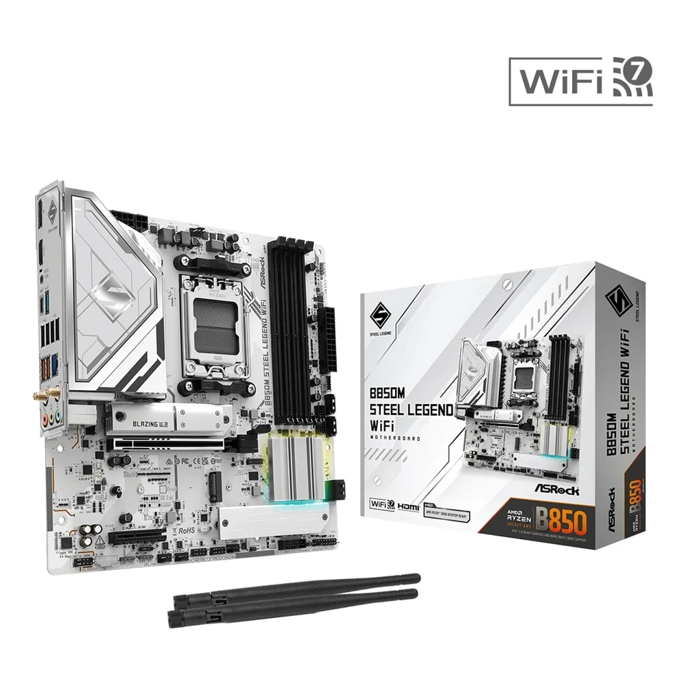 ASRock B850M Steel Legend WiFi AMD AM5 Socket Motherboard, Micro-ATX, 4x DDR5 Slots, 3x M.2 Sockets, Fitted I/O Shield, 2.5GbE LAN, Wi-Fi 7, 1x DisplayPort / 1x HDMI Port