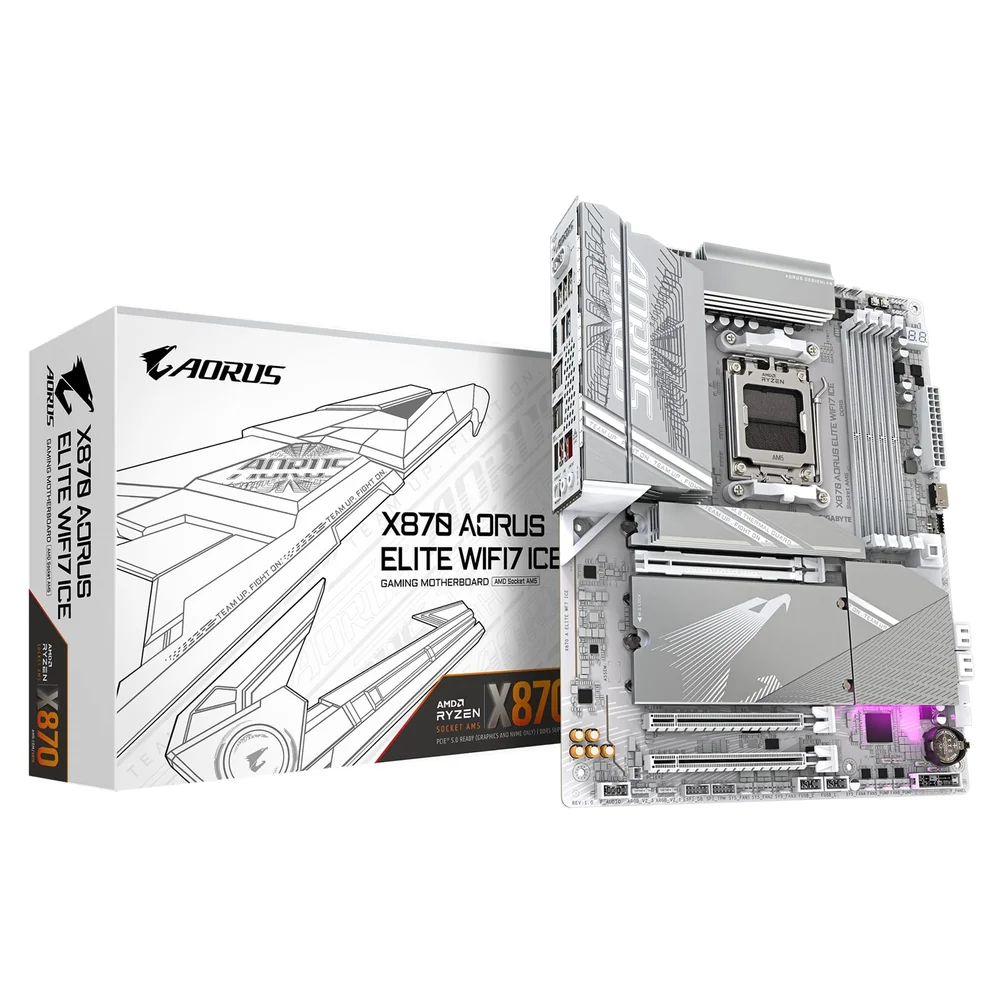 Gigabyte X870 AORUS ELITE WIFI7 ICE AMD AM5 Socket Motherboard, ATX, 4x DDR5 Slots, 4x M.2 Sockets, Fitted I/O Shield, 2.5GbE LAN, Wi-Fi 7, 1x HDMI Port / 2x USB-C (USB4)