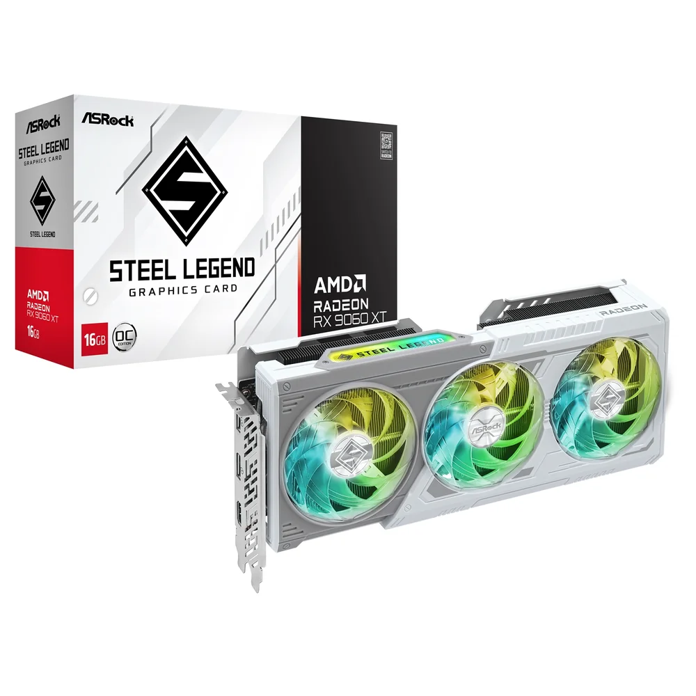 ASRock AMD Radeon RX 9060 XT Steel Legend OC 16GB GDDR6 Graphics Card, 2048 Streams, 3320MHz Boost Clock, Triple Fan, 2x DisplayPorts / 1x HDMI Port