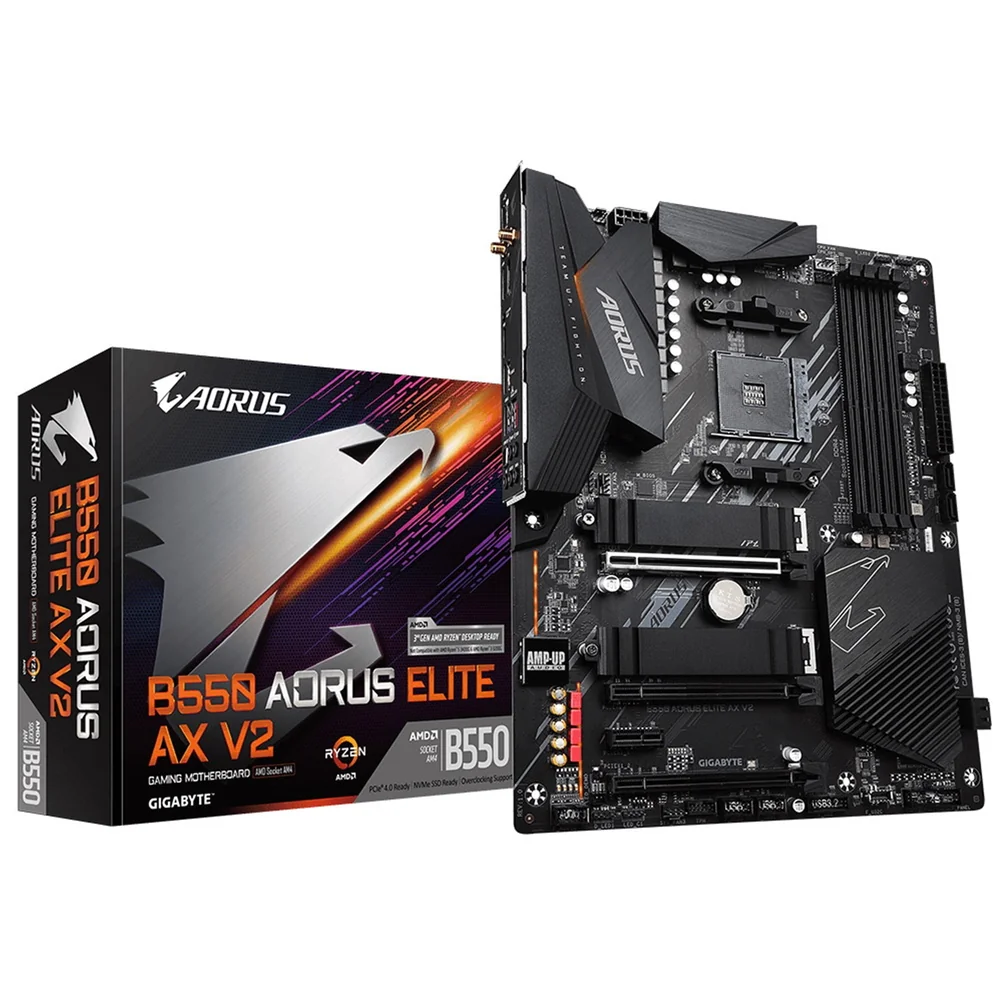 Gigabyte B550 AORUS ELITE AX V2 AMD AM4 Socket Motherboard, ATX, 4x DDR4 Slots, 2x M.2 Sockets, Fitted I/O Shield, 2.5GbE LAN, Wi-Fi 6, 1x DisplayPort / 1x HDMI Port