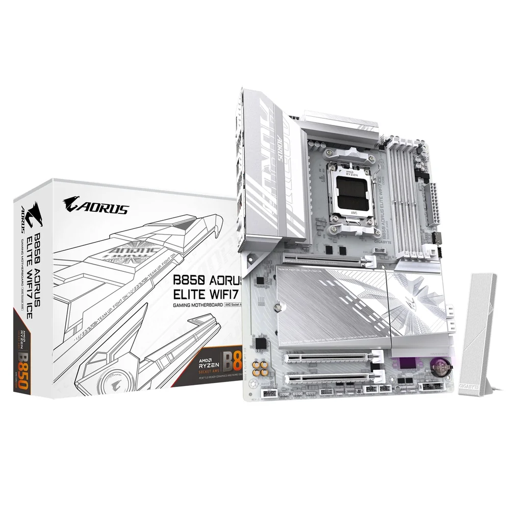 Gigabyte B850 AORUS ELITE WIFI7 ICE AMD AM5 Socket Motherboard, ATX, 4x DDR5 Slots, 3x M.2 Sockets, Fitted I/O Shield, 2.5GbE LAN, Wi-Fi 7, 1x DisplayPort / 1x HDMI Port