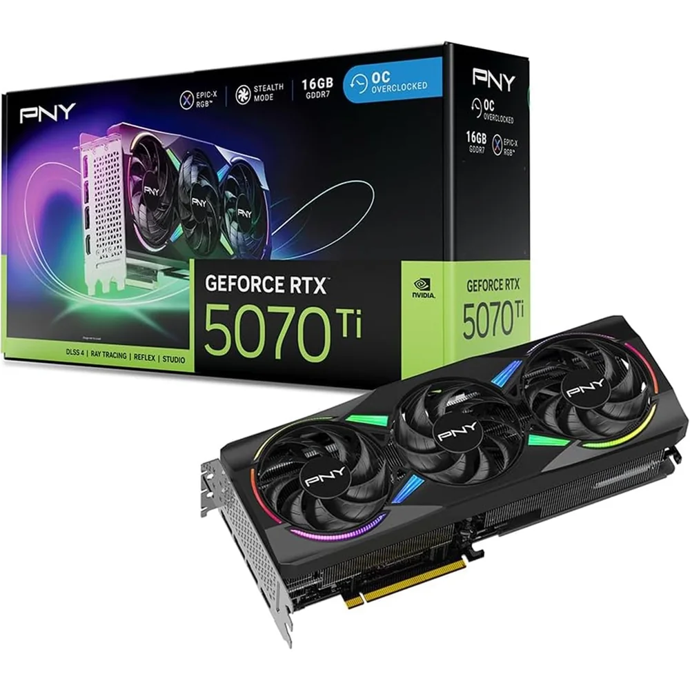PNY NVIDIA GEFORCE RTX 5070Ti  ARGB Epic-X RGB OC16GB, GDDR7 Graphics Card, 8960 Cuda Cores, 2295 MHz Core Clock, Triple Fan, 3 x Display Ports/ 1 x HDMI Port