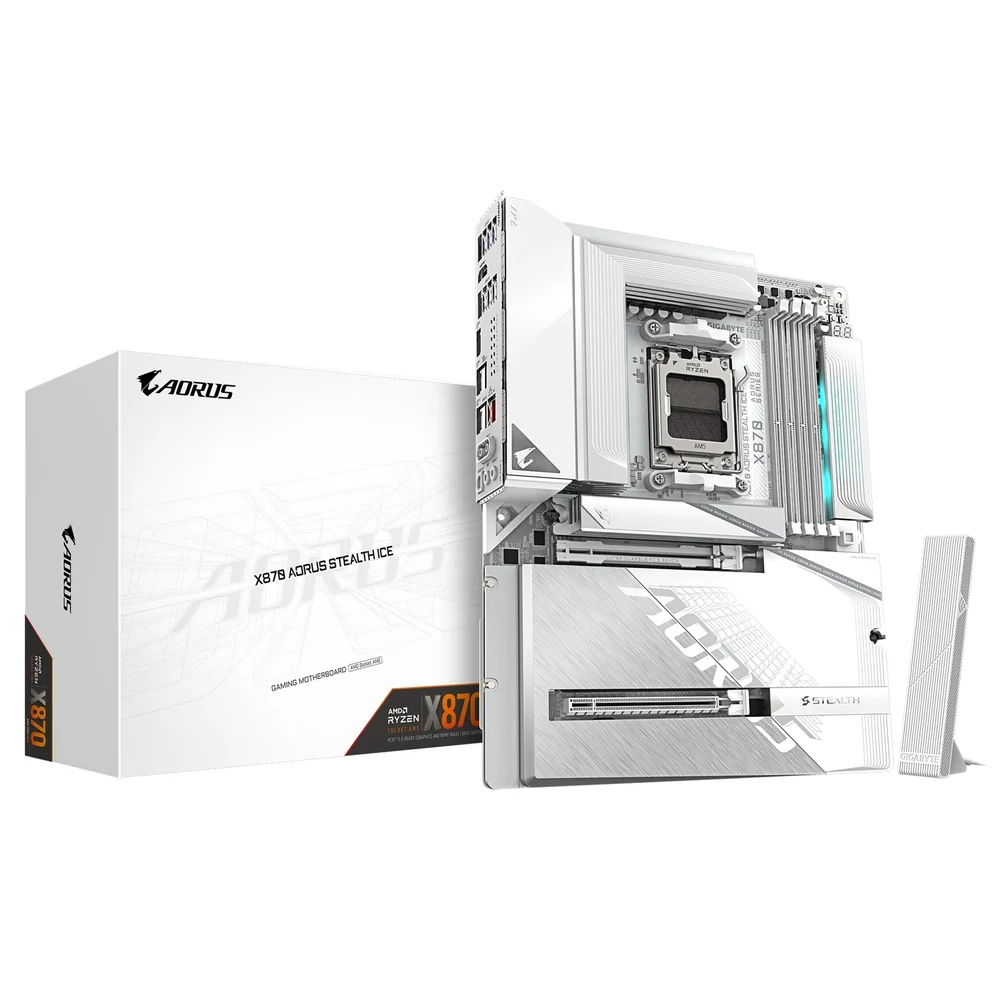 Gigabyte X870 AORUS STEALTH ICE AMD AM5 Socket Motherboard, ATX, 4x DDR5 Slots, 3x M.2 Socket, 5GbE LAN, 1x HDMI Port / 2x USB-C (USB4)