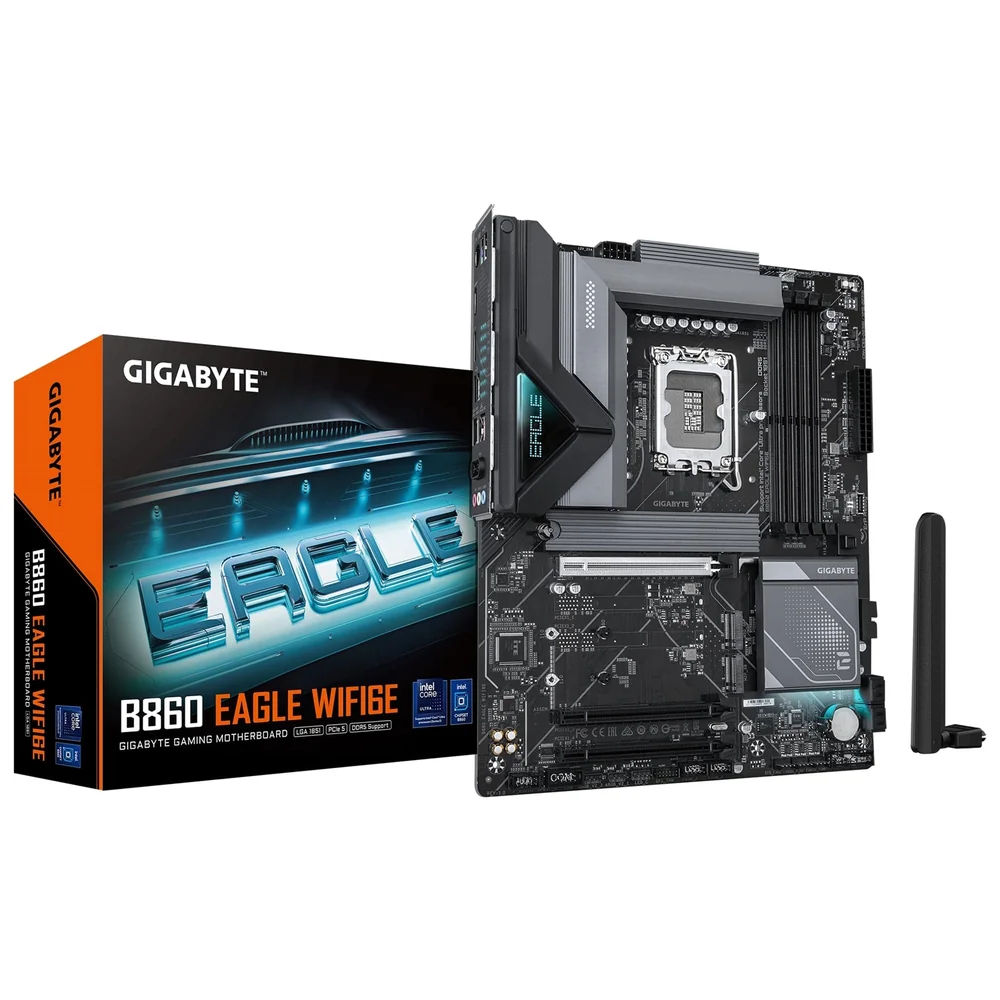 Gigabyte B860 EAGLE WIFI6E Intel 1851 Socket Motherboard, ATX, 4x DDR5 Slots, 3x M.2 Sockets, Fitted I/O Shield, 2.5GbE LAN, Wi-Fi 6E, 1x DisplayPort / 1x HDMI Port