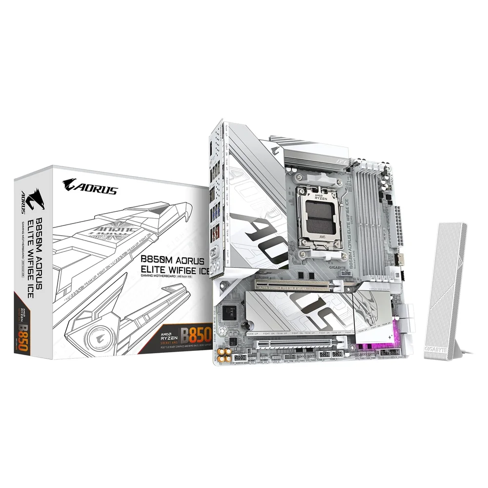 Gigabyte B850M AORUS ELITE WIFI6E ICE AMD AM5 Socket Motherboard, Micro-ATX, 4x DDR5 Slots, 2x M.2 Sockets, Fitted I/O Shield, 2.5GbE LAN, Wi-Fi 6E, 1x DisplayPort / 1x HDMI Port