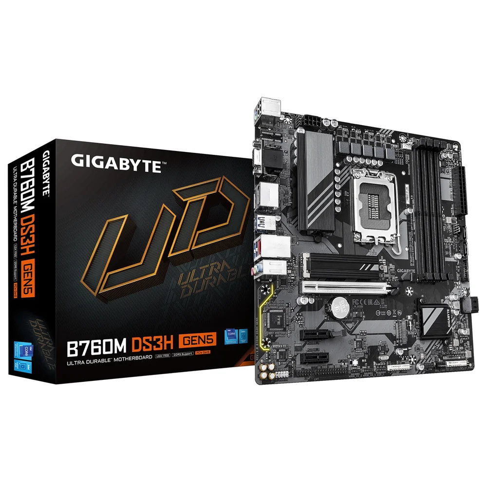 Gigabyte B760M DS3H GEN5 Intel Socket 1700 Motherboard, Micro ATX, 4x DDR5 Slots, 2x M.2 Sockets, 2.5GbE LAN, 1x D-Sub / 1x DisplayPort / 1x HDMI Port