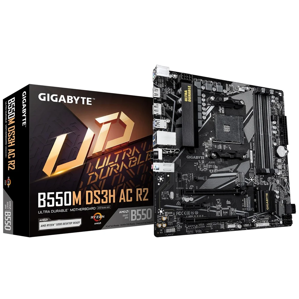 Gigabyte B550M DS3H AC R2 Ultra Durable AMD AM4 Socket Motherboard, Micro-ATX, 4x DDR4 Slots, 2x M.2 Socket, GbE LAN, Wi-Fi 5, 1x DisplayPort / 1x HDMI Port