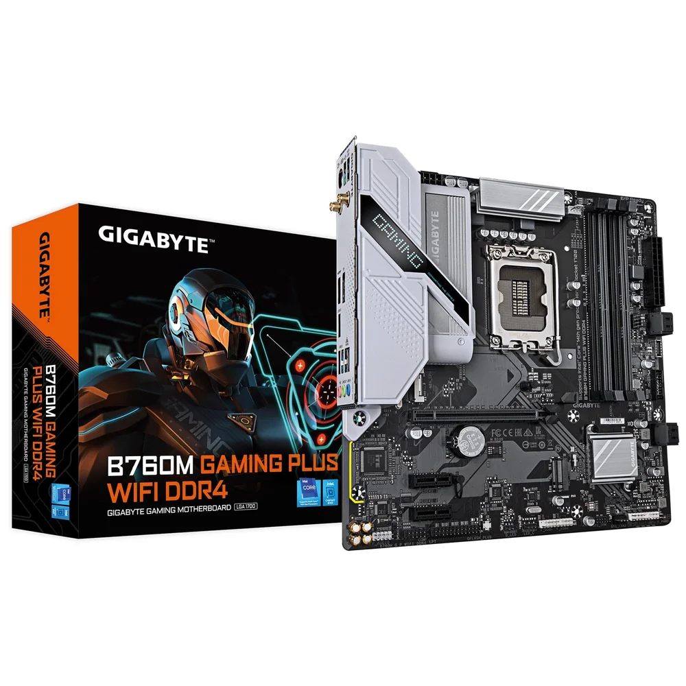Gigabyte B760M GAMING PLUS WIFI DDR4 Intel 1700 Socket Motherboard, Micro-ATX, 4x DDR4 Slots, 2x M.2 Sockets, Fitted I/O Shield, GbE LAN, Wi-Fi 6, 1x DisplayPort / 1x HDMI Port