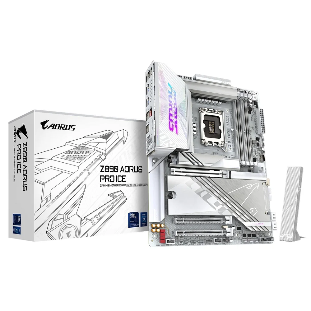 Gigabyte Z890 AORUS PRO ICE Intel 1851 Socket Motherboard, ATX, 4x DDR5 Slots, 5x M.2 Sockets, Fitted I/O Shield, 5GbE LAN, Wi-Fi 7, 2x USB-C (USB4)