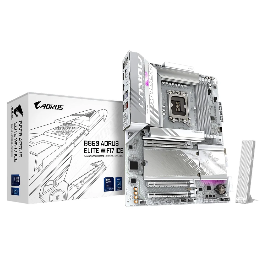 Gigabyte B860 AORUS ELITE WIFI7 ICE Intel 1851 Socket Motherboard, ATX, 4x DDR5 Slots, 3x M.2 Sockets, Fitted I/O Shield, 2.5GbE LAN, Wi-Fi 7, 1x DisplayPort / 2x HDMI / 1x USB-C (USB4)